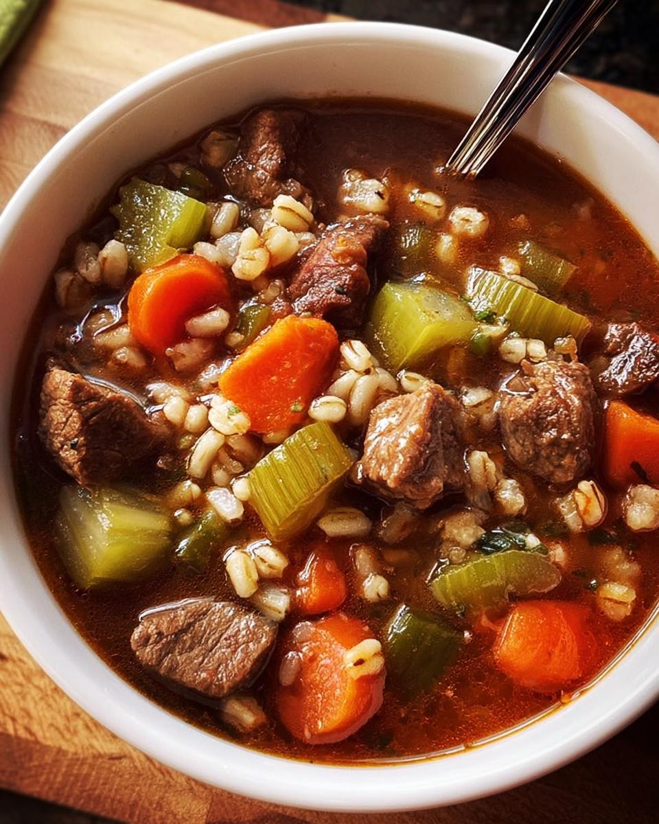 Close-up of a bowl of hearty beef barley soup with carrots and celery, perfect for soup recipes meal prep.