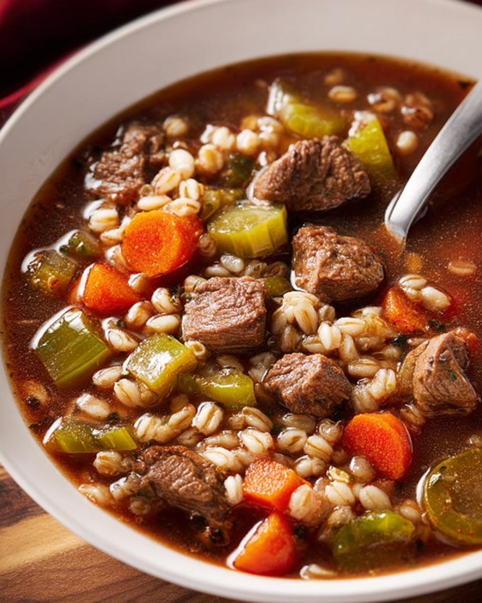 Close-up of a bowl of hearty beef and barley soup, featuring tender beef chunks, barley, carrots, and celery.