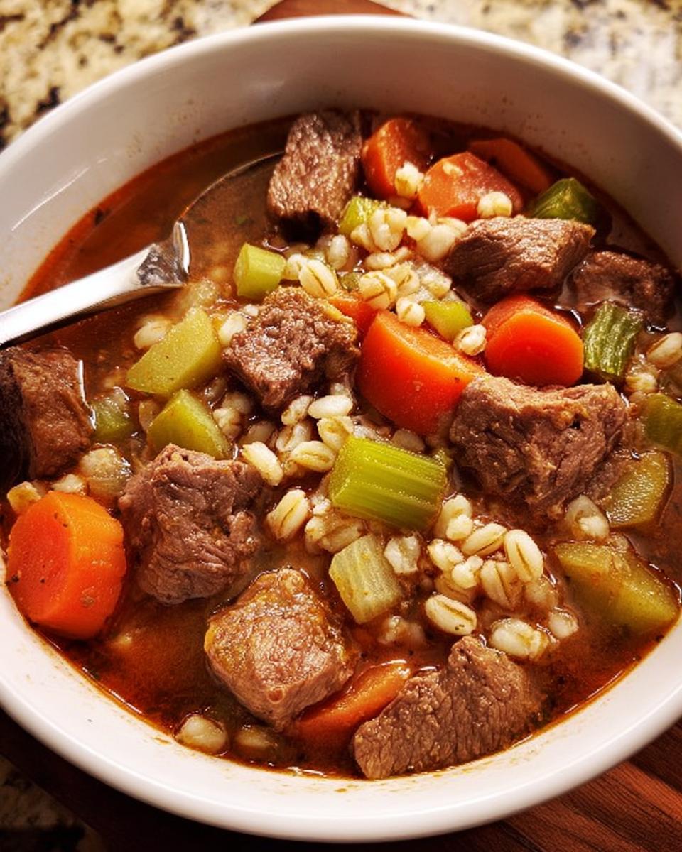 A close-up of a bowl of hearty beef and barley soup, featuring tender chunks of beef, carrots, celery, and barley.