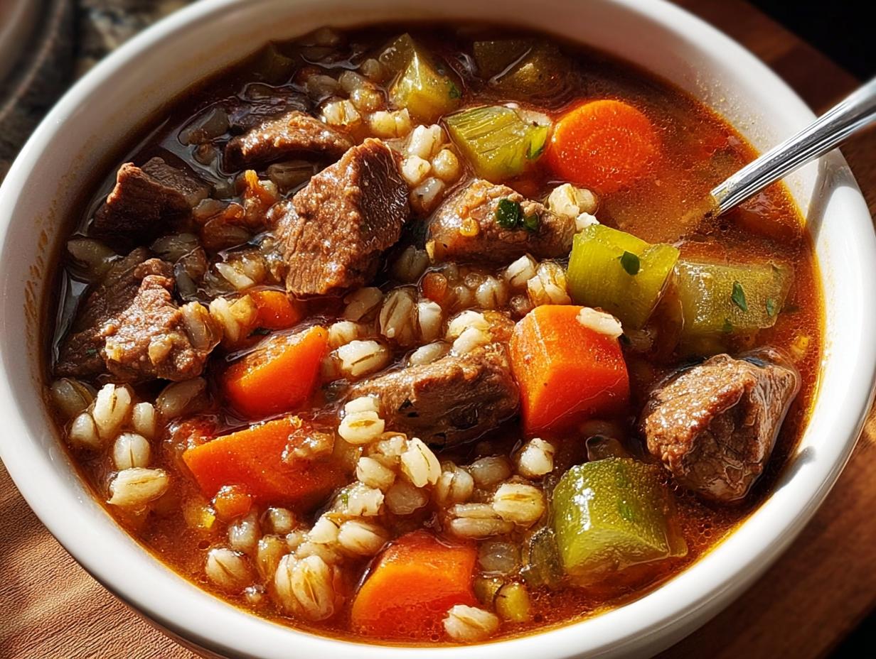 Close-up of a bowl of hearty beef and barley soup, featuring tender chunks of beef, pearl barley, carrots, and celery in a rich broth.