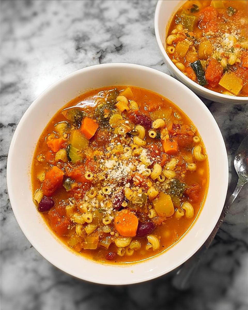 A close-up of a bowl of hearty minestrone soup, packed with vegetables, pasta, and beans, topped with grated cheese.
