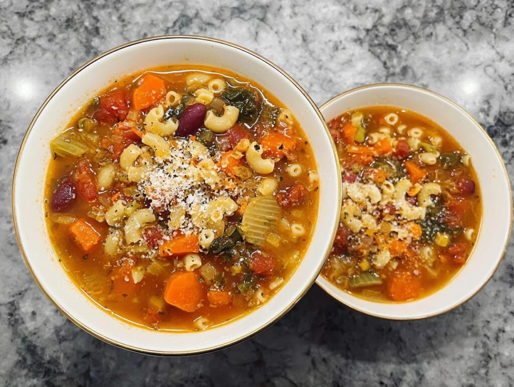 Two bowls of hearty vegetable soup with pasta, beans, carrots, and tomatoes, topped with grated cheese.