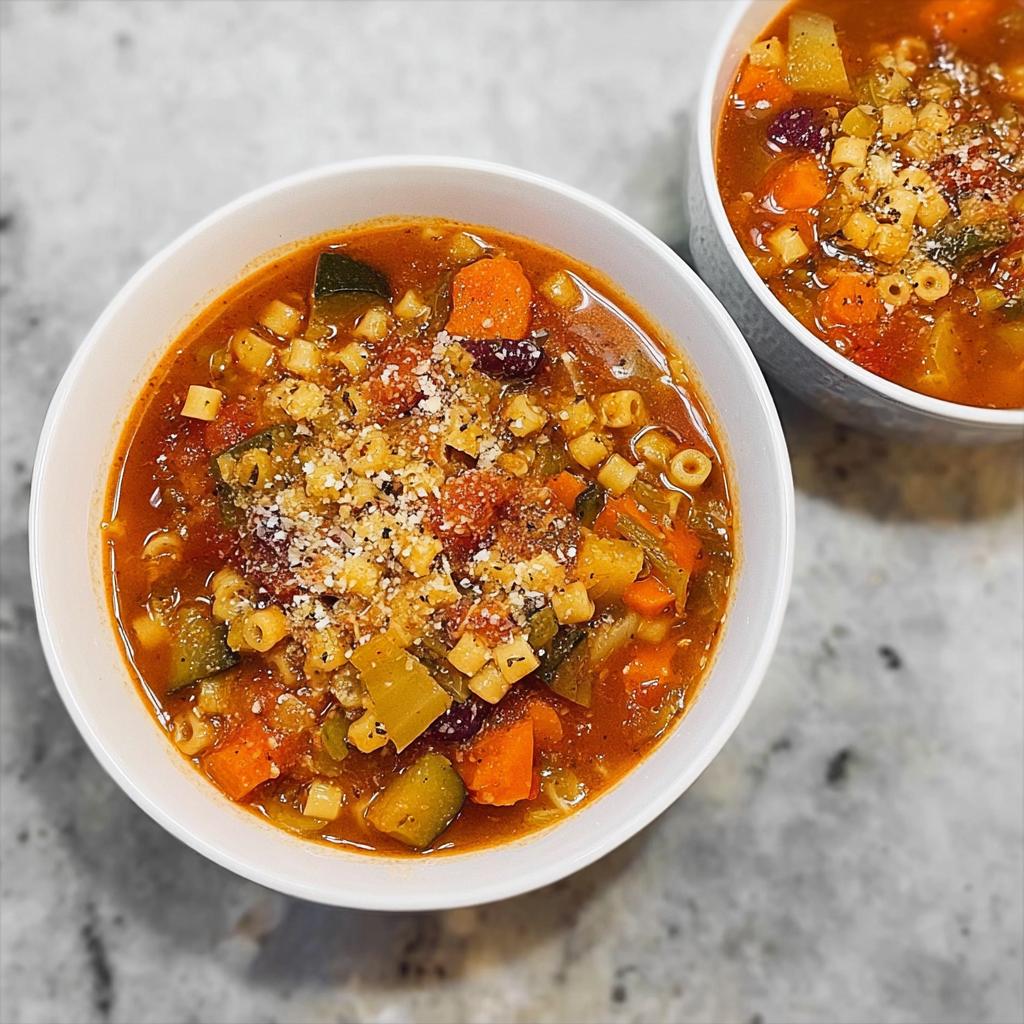Two bowls of hearty vegetable soup recipes, filled with pasta, beans, carrots, and zucchini, topped with grated cheese.