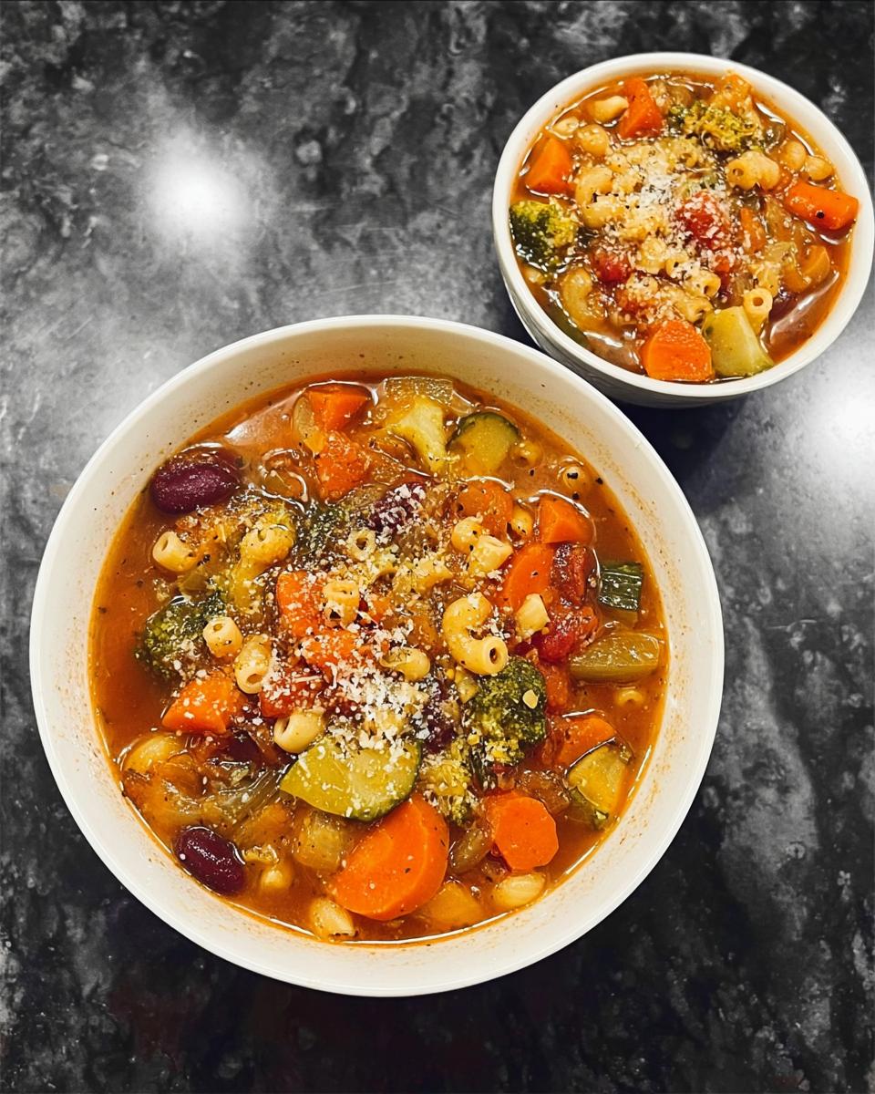 Two bowls of hearty vegetable soup recipes, filled with pasta, beans, broccoli, carrots, and zucchini, topped with grated cheese.