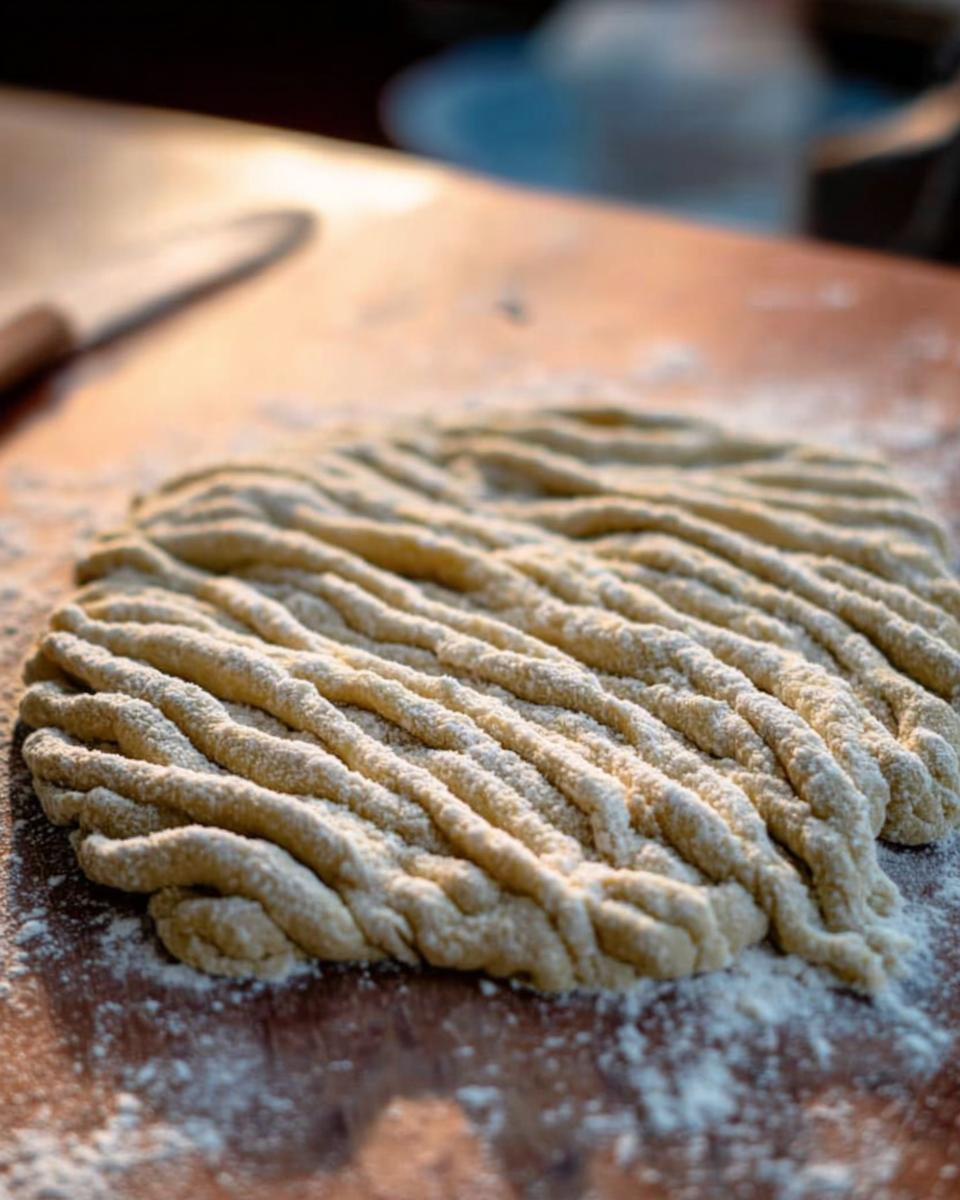 Close-up of freshly made pasta dough, floured and shaped into strands, ready for pasta recipes.