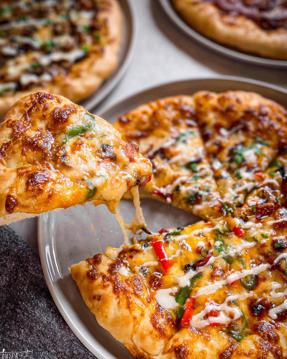 A slice of cheesy homemade pizza is lifted, showing melted cheese strings, with other pizzas in the background. Perfect for Ultimate Pizza Night Recipes.