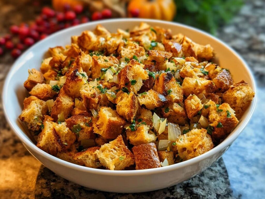 A close-up shot of a white bowl filled with delicious homemade stuffing, featuring toasted bread cubes, onions, and herbs.