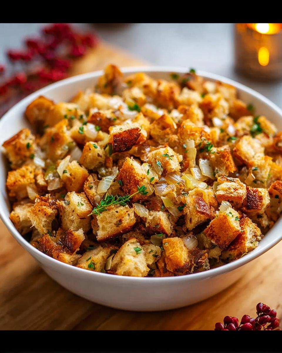 A close-up of a white bowl filled with golden-brown homemade stuffing, garnished with fresh herbs.