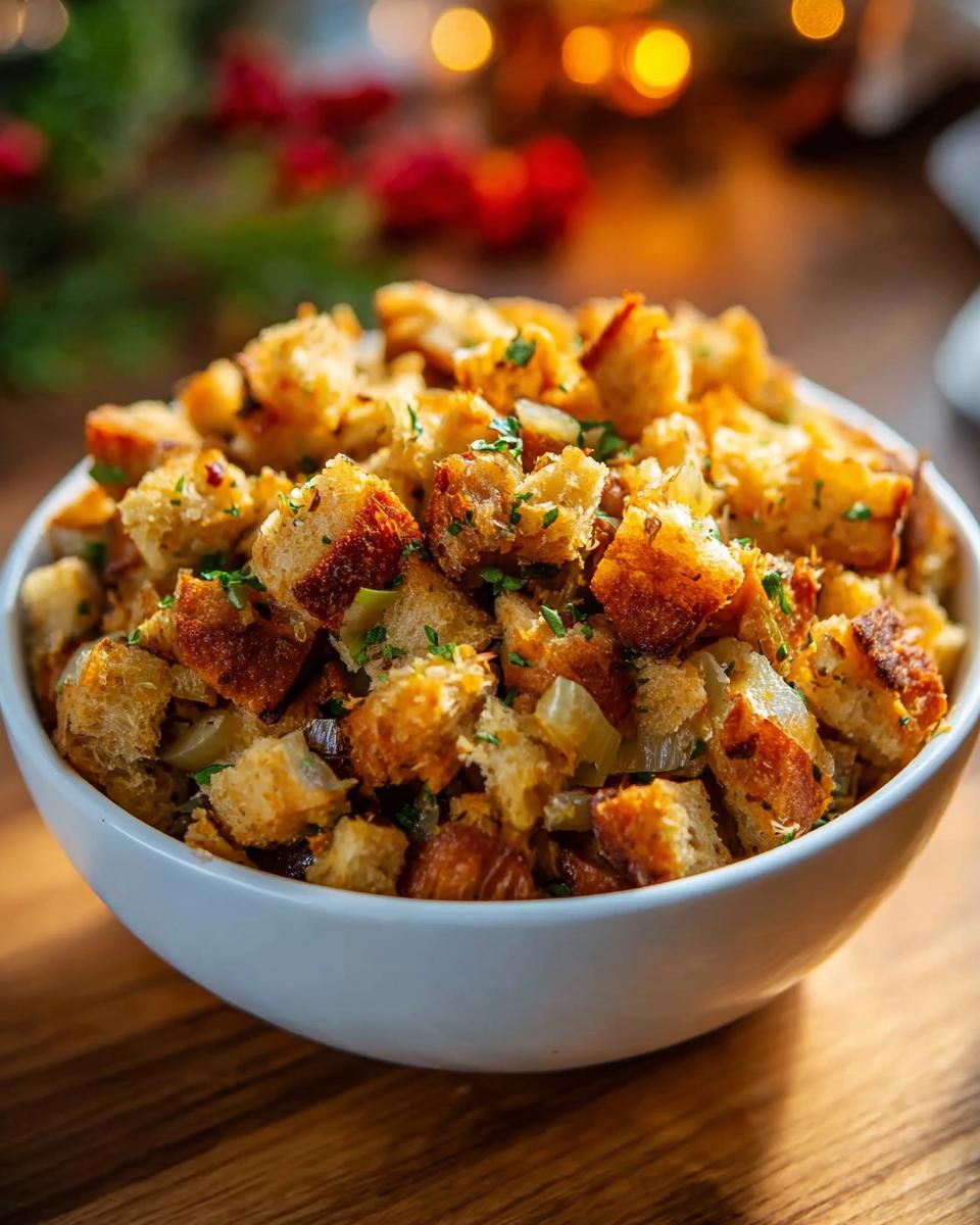A close-up of a white bowl filled with delicious homemade stuffing, featuring toasted bread cubes and herbs.