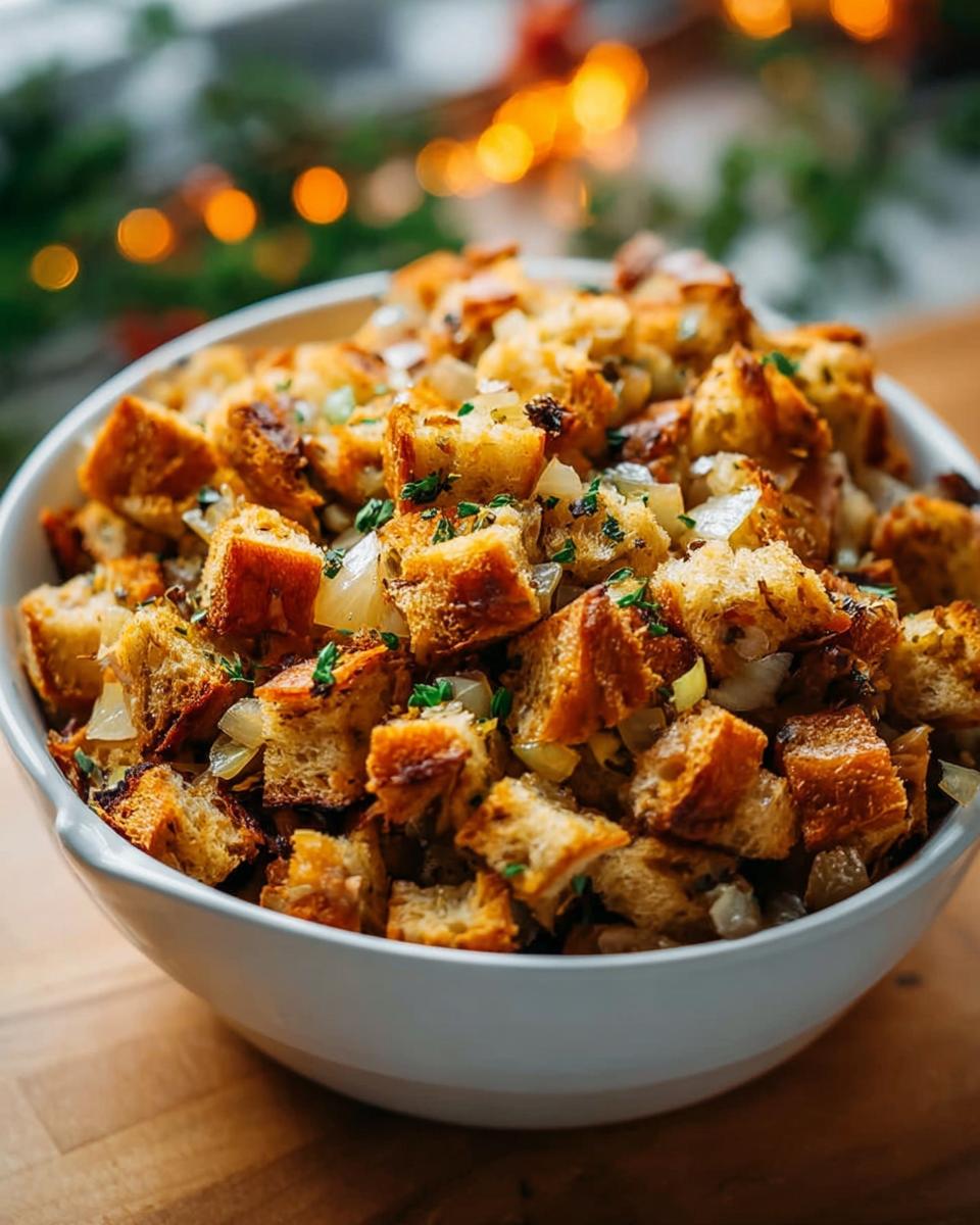 A close-up of a bowl filled with golden-brown homemade stuffing, featuring toasted bread cubes, onions, and herbs.