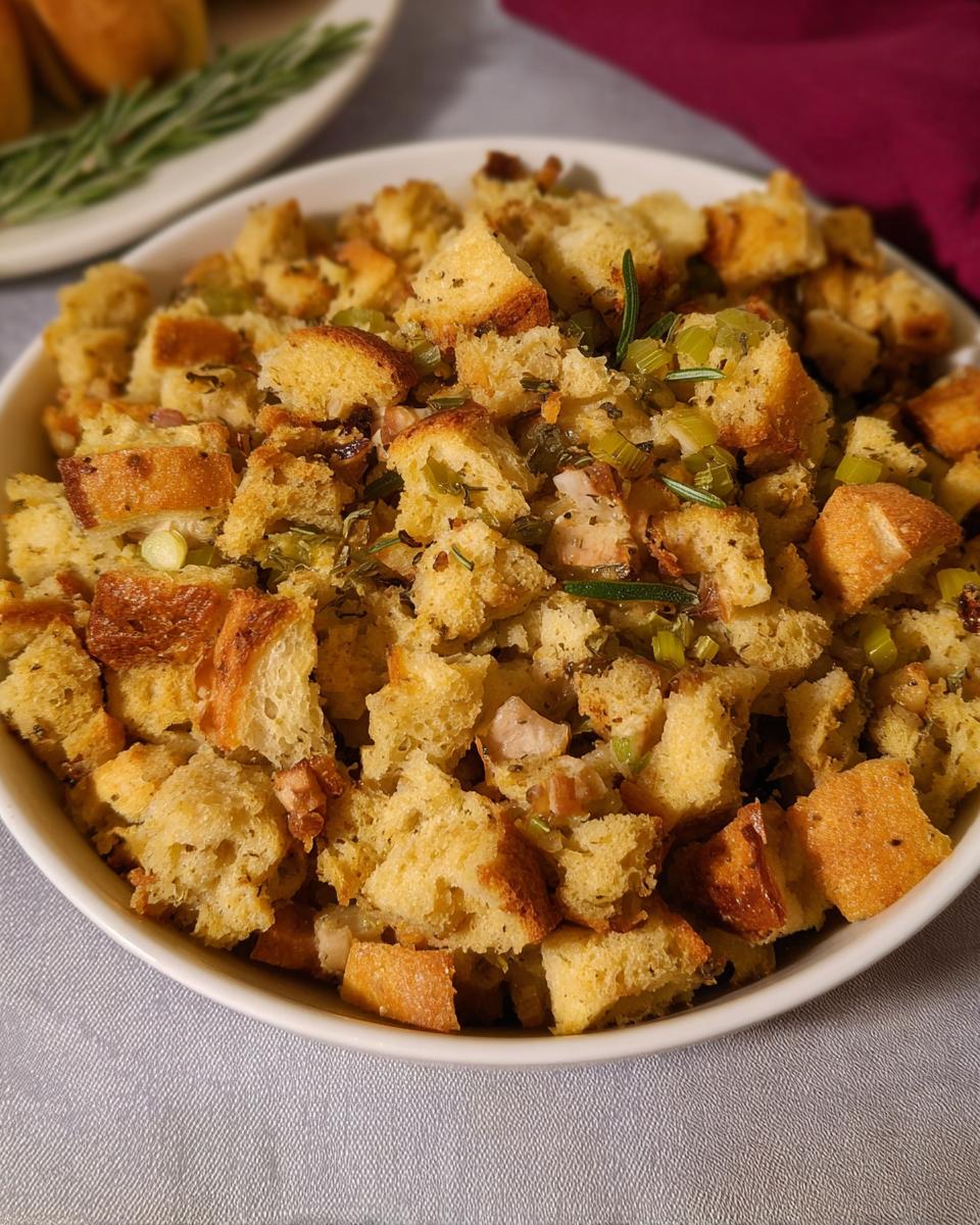 A close-up of a bowl filled with homemade stuffing, featuring toasted bread cubes, celery, and herbs.