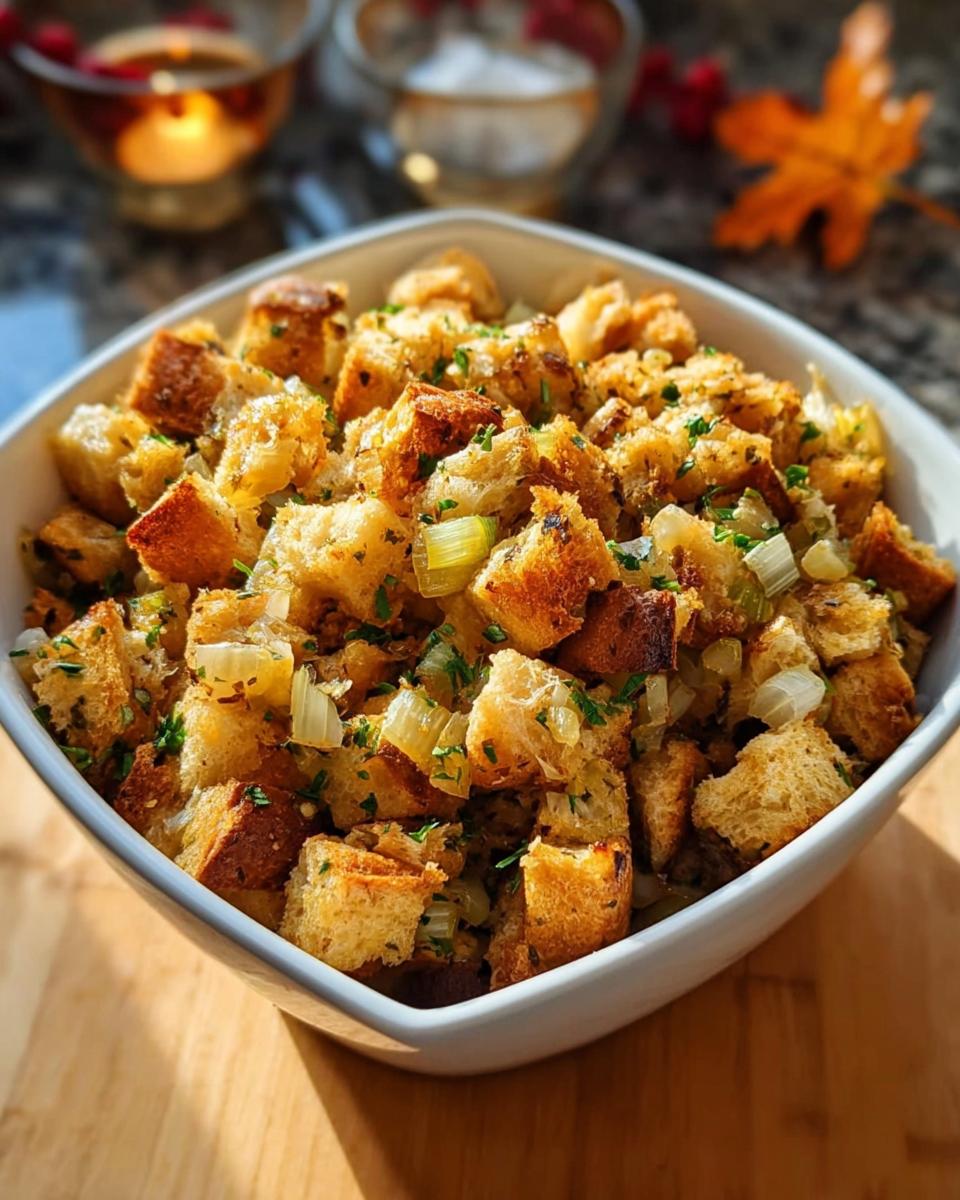 A close-up of a bowl filled with homemade stuffing, featuring toasted bread cubes, celery, and herbs.