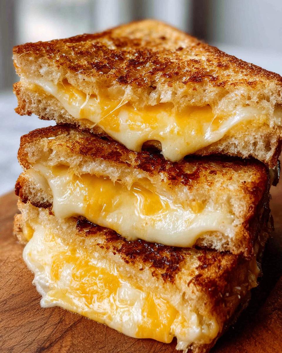 A stack of two golden-brown grilled cheese sandwiches, oozing with melted cheese, on a wooden board.