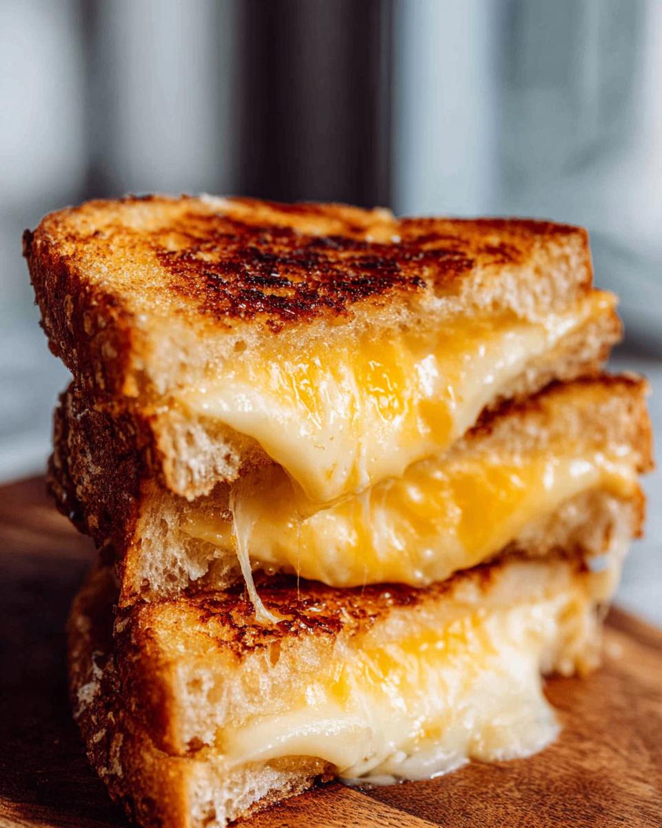 A stack of three golden-brown grilled cheese sandwiches, oozing with melted cheese. Learn how to make grilled cheese recipes like a pro.