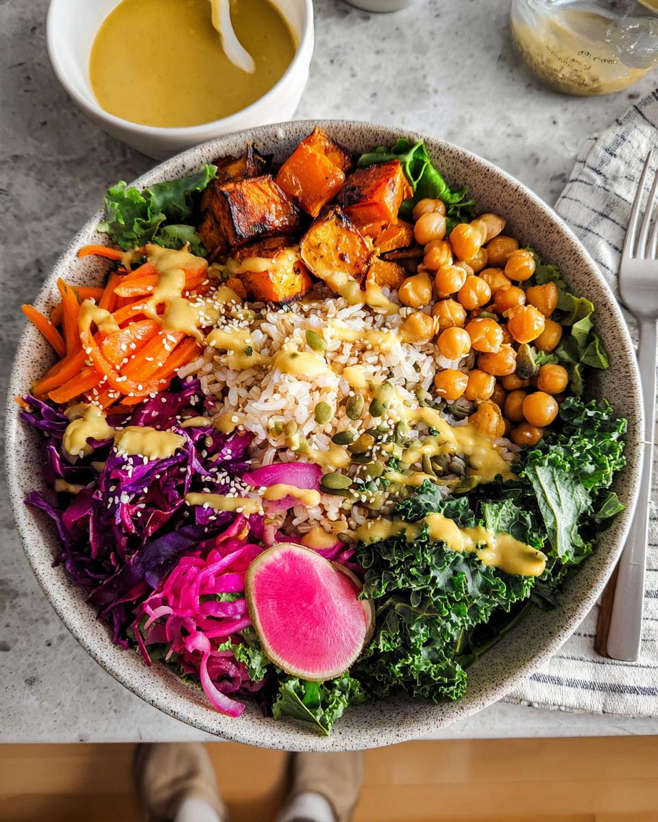 A vibrant and healthy rice bowl recipe, packed with roasted sweet potatoes, chickpeas, shredded carrots, red cabbage, and kale.
