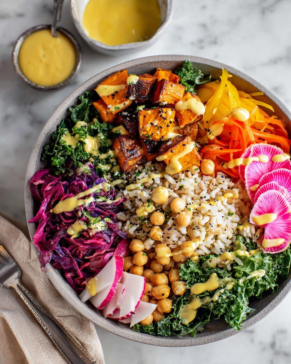 A vibrant and healthy rice bowl recipe with roasted sweet potatoes, kale, chickpeas, shredded carrots, red cabbage, and a drizzle of dressing.