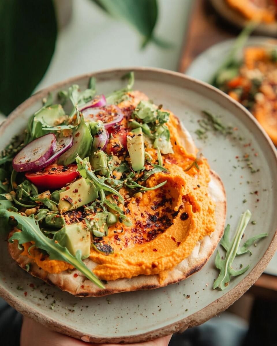 A vibrant hummus flatbread topped with avocado, arugula, tomatoes, and radishes, perfect for easy dinner recipes.