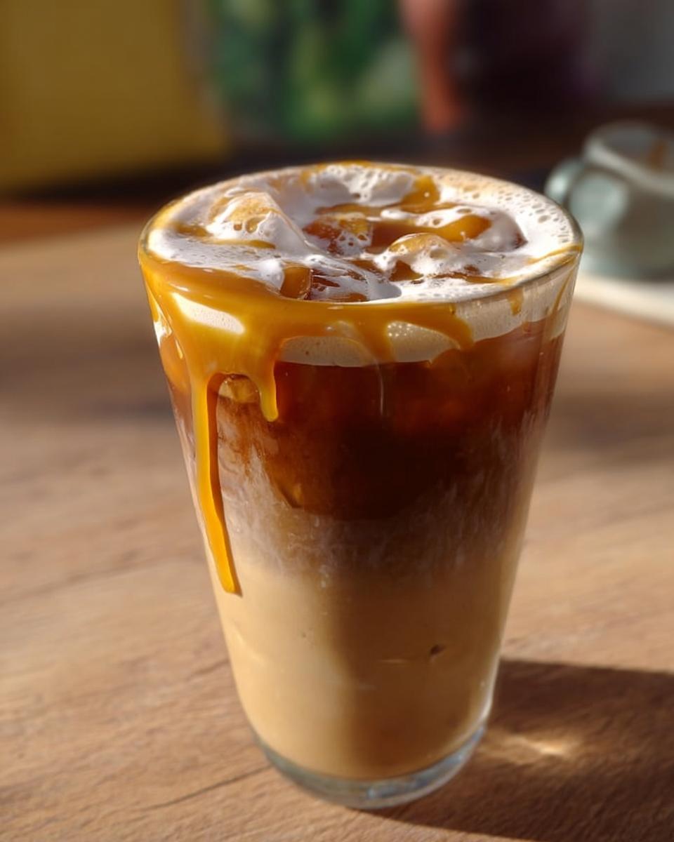 A refreshing iced caramel macchiato, a Starbucks drink recipe, with layers of milk, espresso, and caramel drizzle.