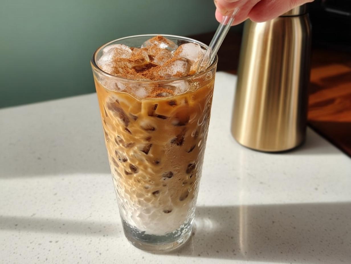 Close-up of an iced coffee with cinnamon sprinkled on top, part of Starbucks Drinks Recipes.