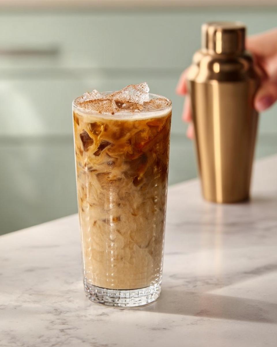 A tall glass of iced coffee with cream and cinnamon, perfect for Starbucks Drinks Recipes.