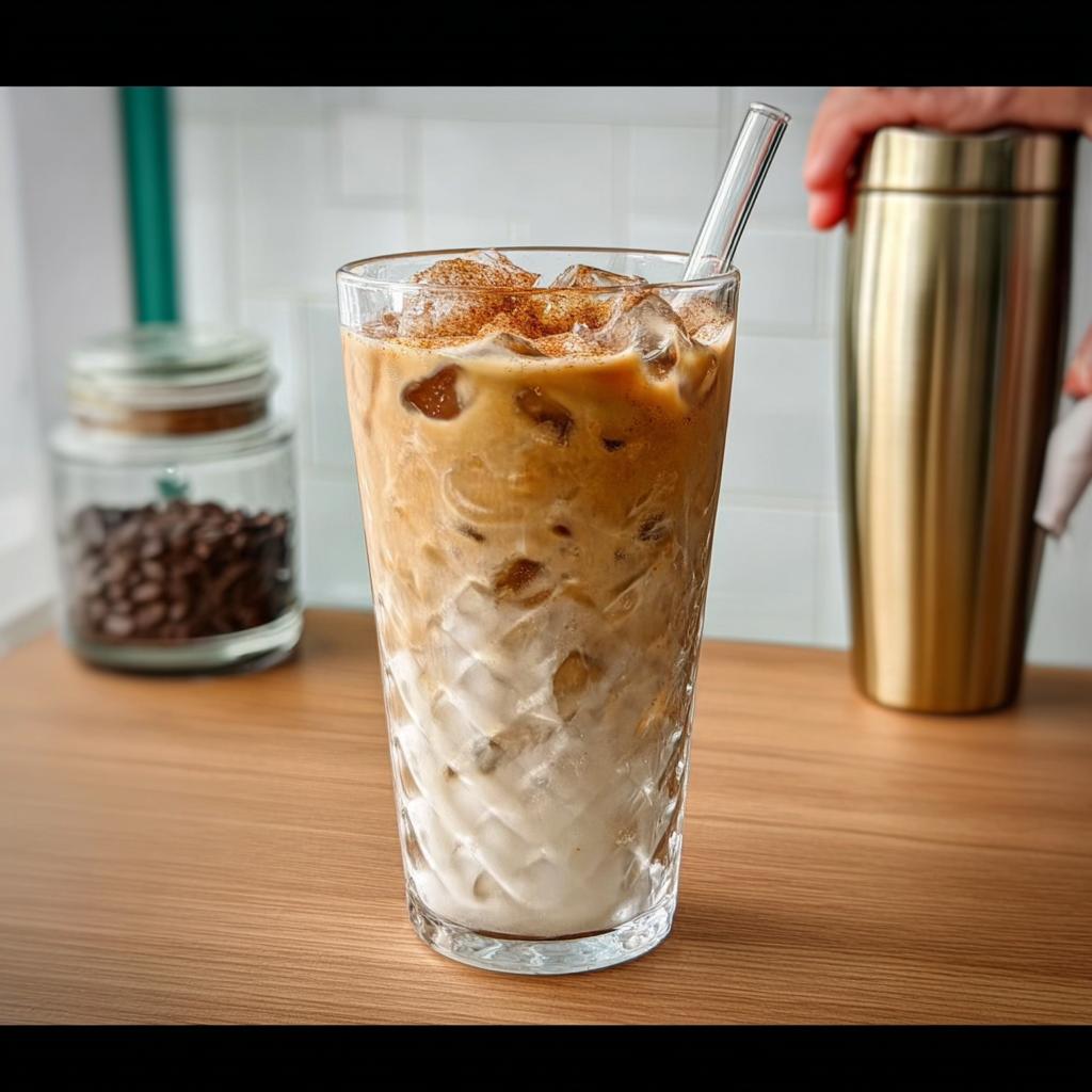 A tall glass of iced coffee with milk and cinnamon, part of Starbucks Drinks Recipes.