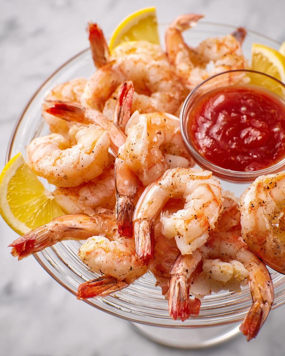 A clear glass dish filled with perfectly cooked shrimp, garnished with lemon wedges and a small bowl of cocktail sauce. Learn how to make shrimp recipes like a pro.