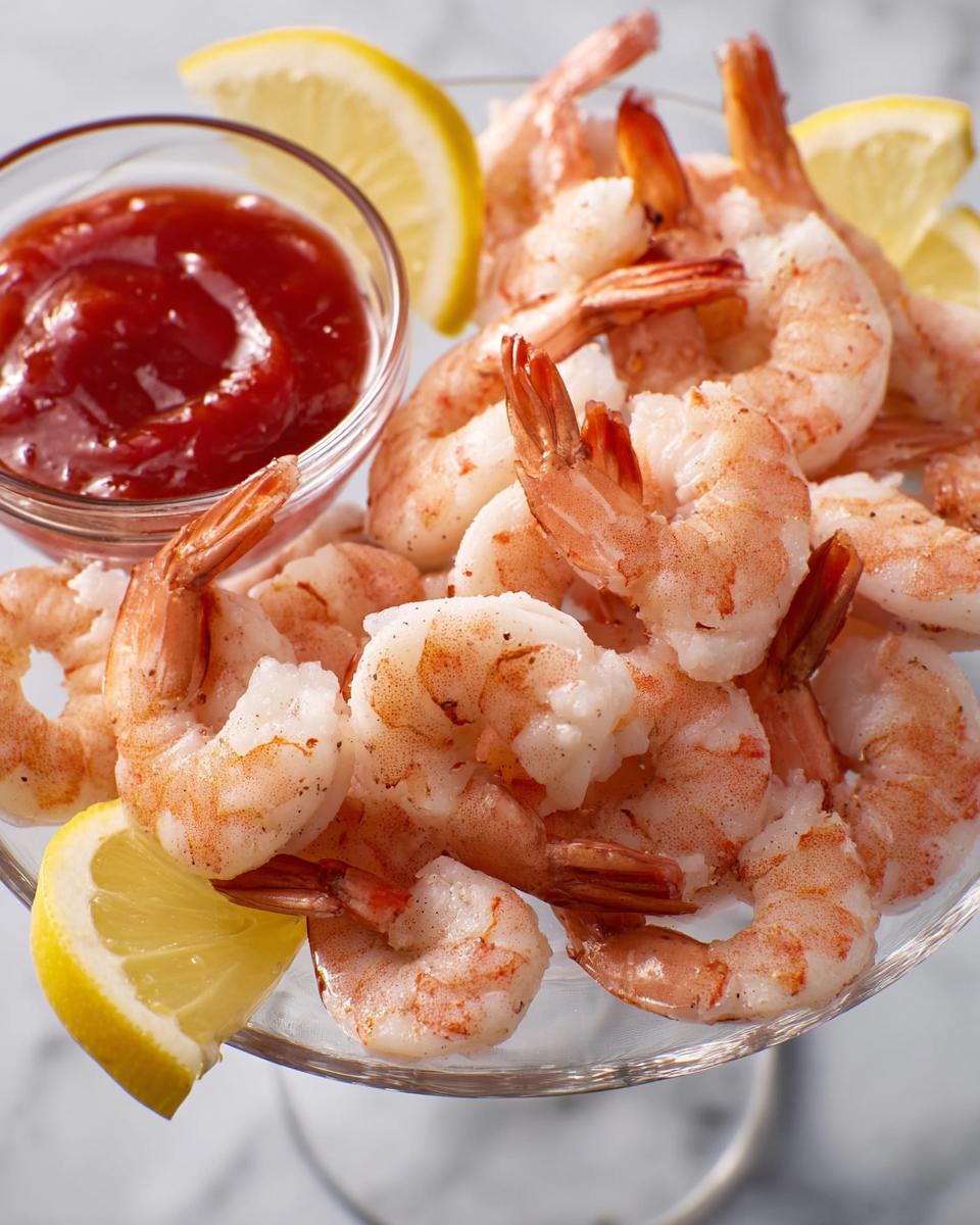 A platter of cooked shrimp served with cocktail sauce and lemon wedges, perfect for impressive shrimp recipes.