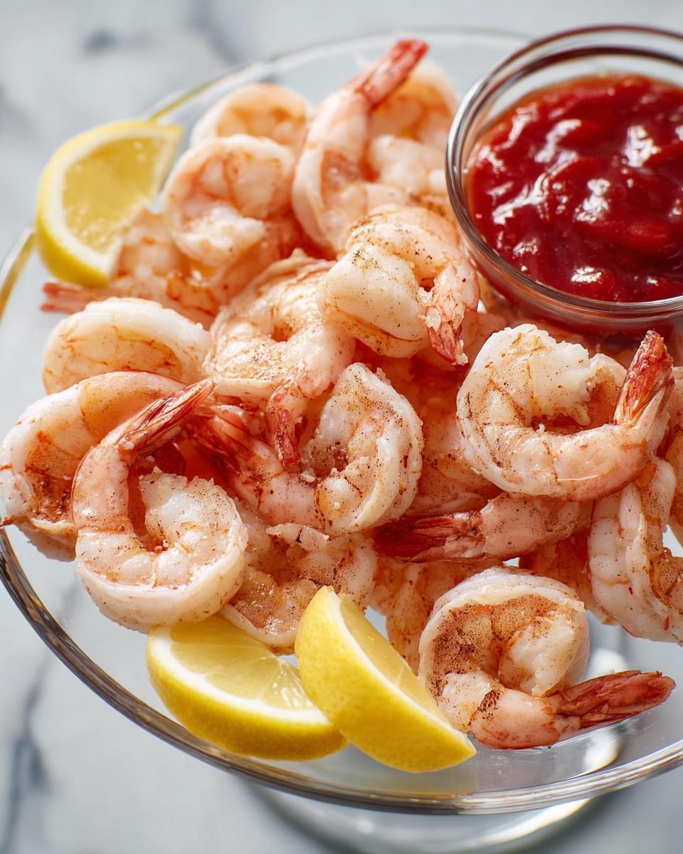 A platter of cooked shrimp with lemon wedges and cocktail sauce, perfect for impressive shrimp recipes.