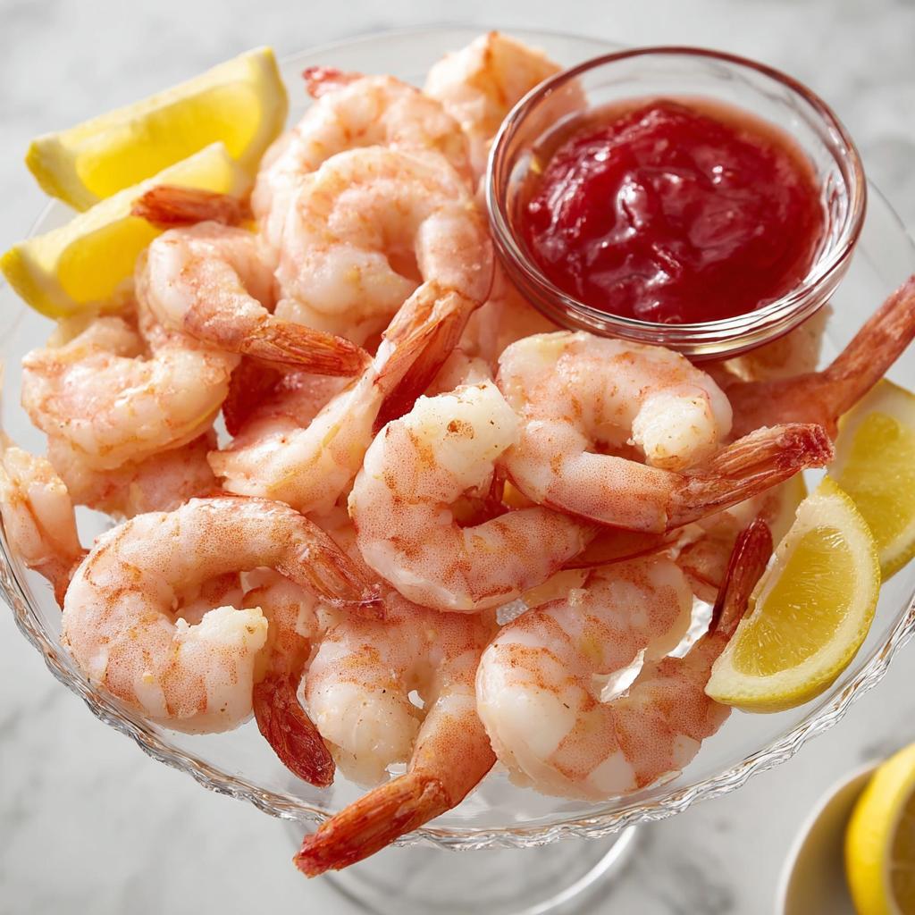 A platter of cooked shrimp served with lemon wedges and cocktail sauce, perfect for impressive shrimp recipes.