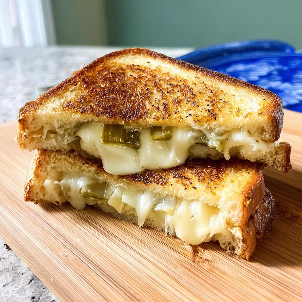 A close-up of a gooey jalapeno grilled cheese sandwich, cut in half and stacked, with melted cheese oozing out.