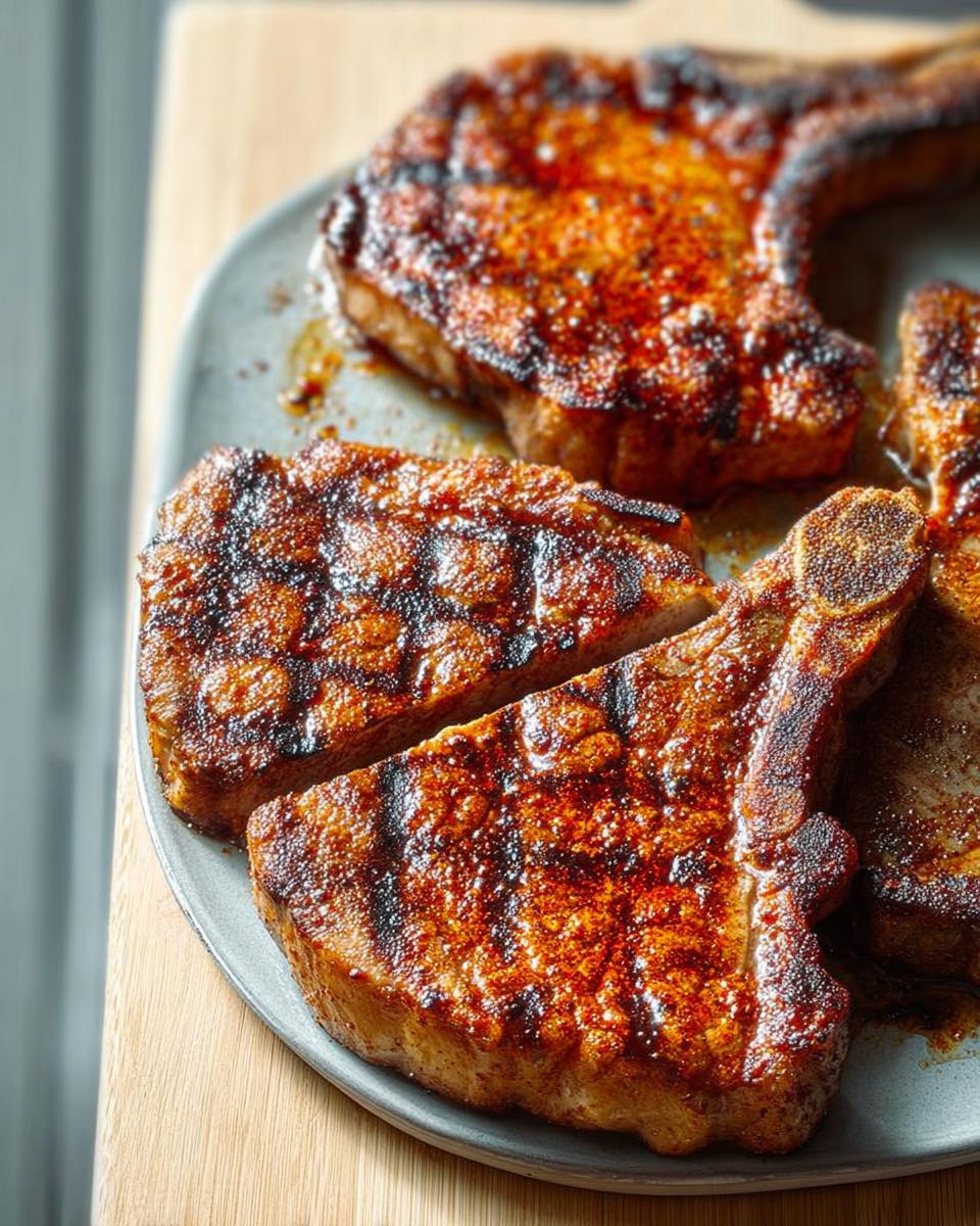 Close-up of perfectly grilled pork chops with grill marks and a flavorful spice rub.