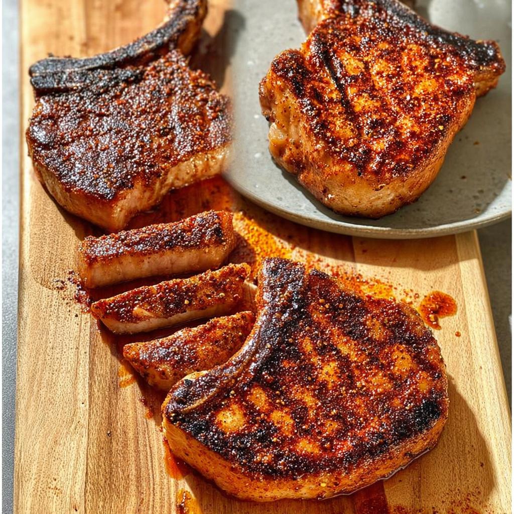 Close-up of perfectly cooked, juicy pork chops with a crispy, seasoned crust, sliced and arranged on a wooden board.
