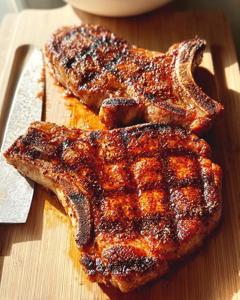 Two perfectly grilled pork chops with a beautiful sear, seasoned and ready to serve.
