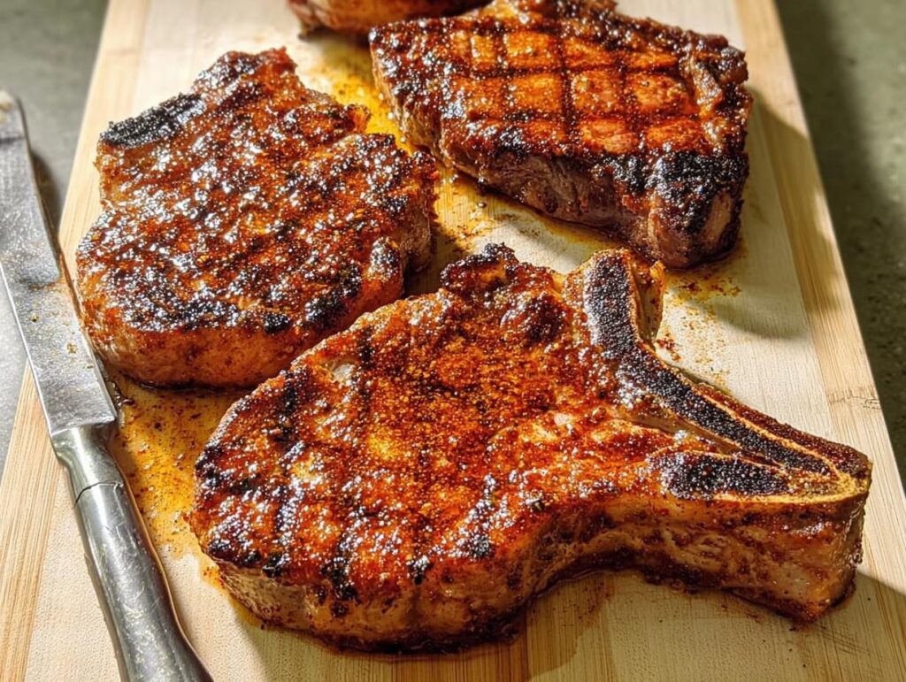 Four juicy, seared pork chops with a beautiful crust, seasoned and resting on a wooden cutting board.