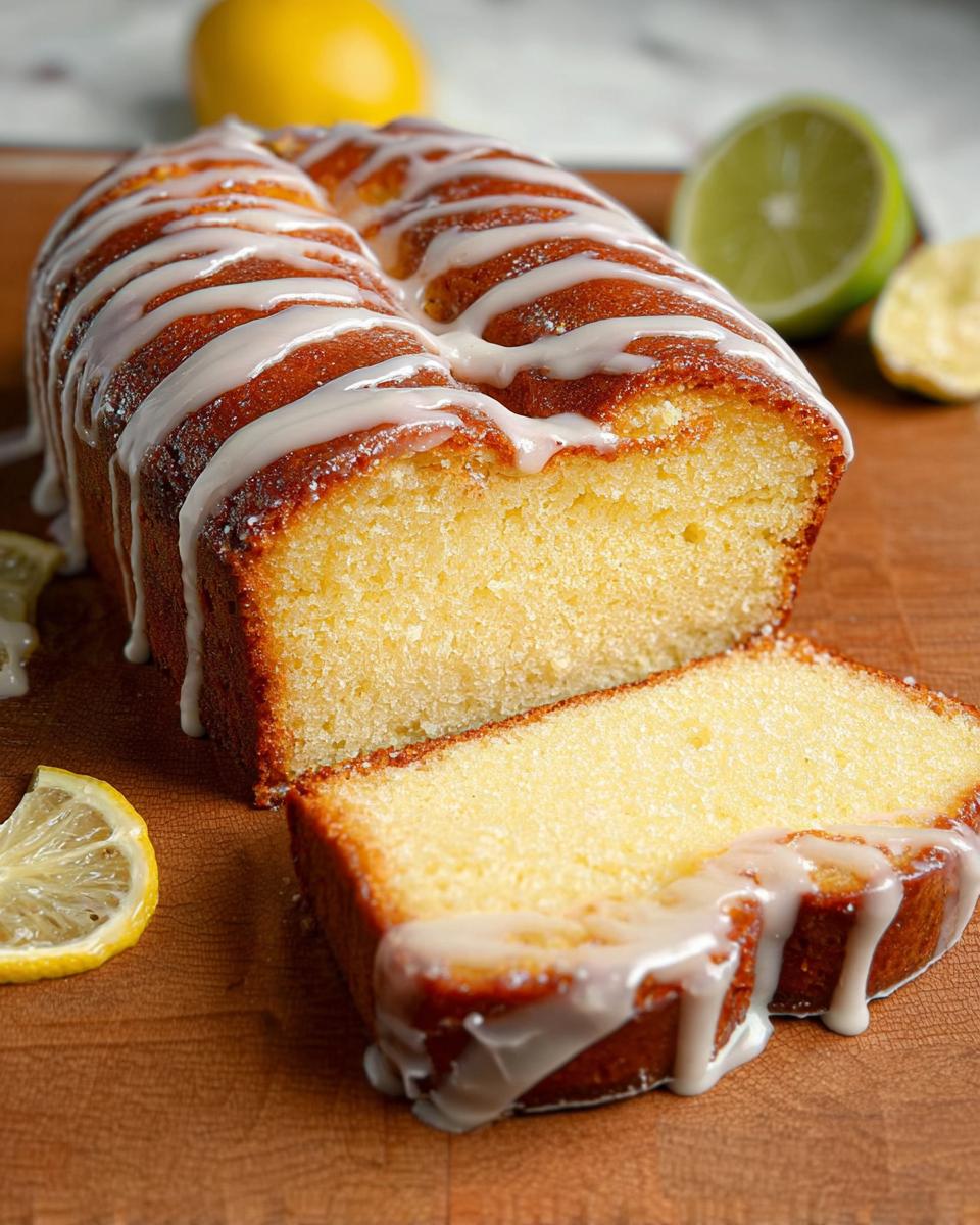 A slice of moist lemon cake drizzled with white glaze, with lemons and limes in the background.
