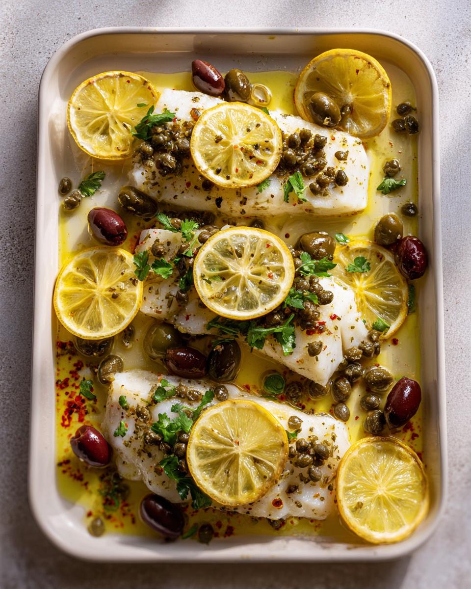Three pieces of baked cod with lemon slices, olives, and capers, seasoned with herbs and spices.