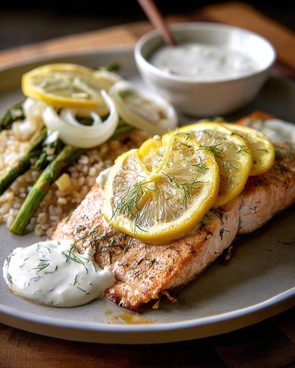 A delicious lemon dill salmon fillet served with asparagus, grains, and a creamy sauce, perfect for busy weeknights.