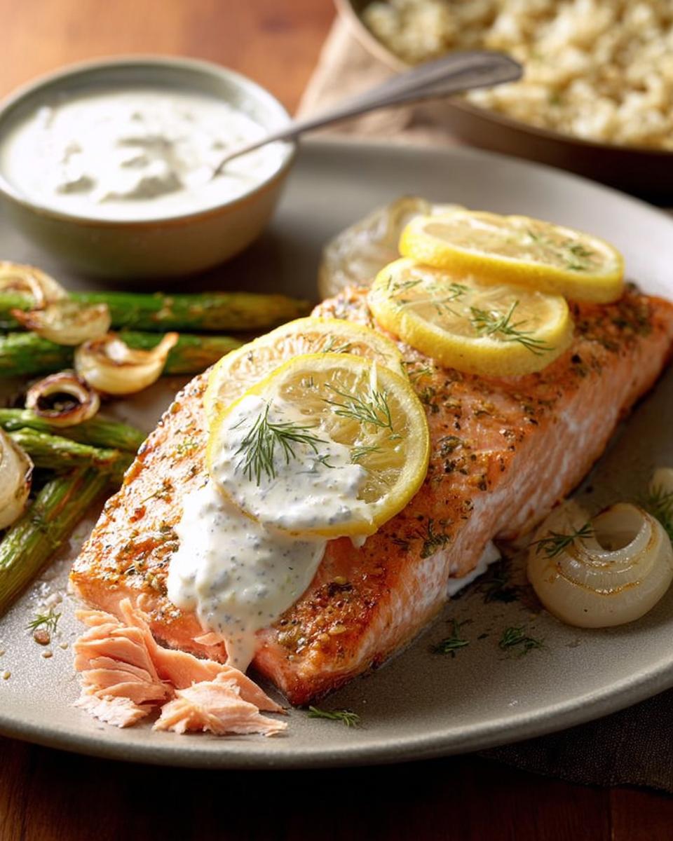 A perfectly cooked salmon fillet topped with lemon slices and dill, served with asparagus and a creamy sauce. One of 20 Genius Salmon Recipes.