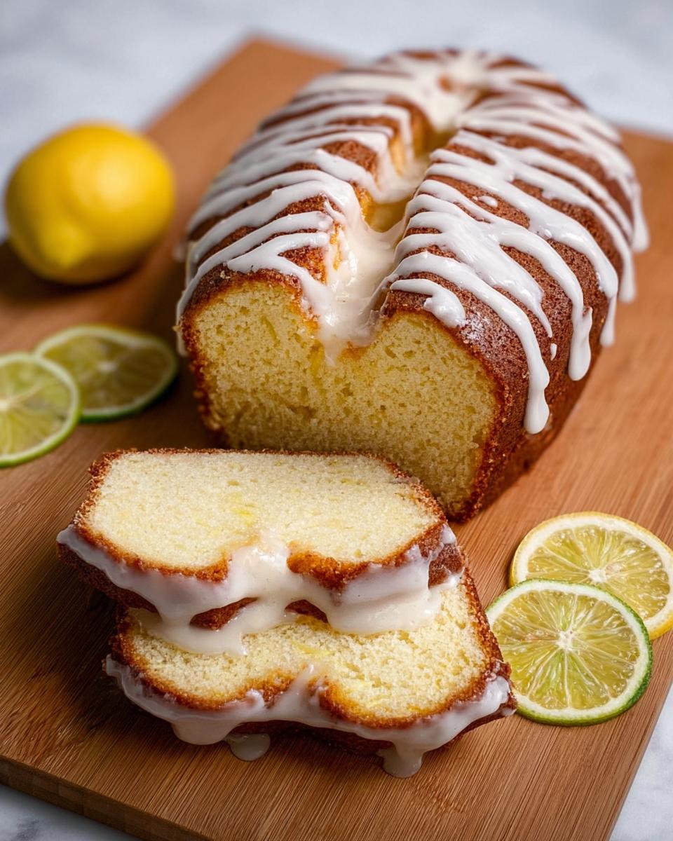 A delicious lemon drizzle cake with slices cut, showing a gooey center and citrus slices.