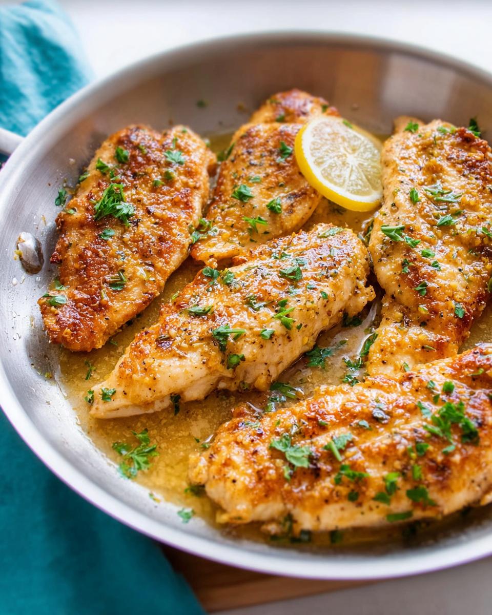 Pan-seared lemon garlic chicken breasts garnished with parsley and a lemon slice, perfect for busy weeknights.