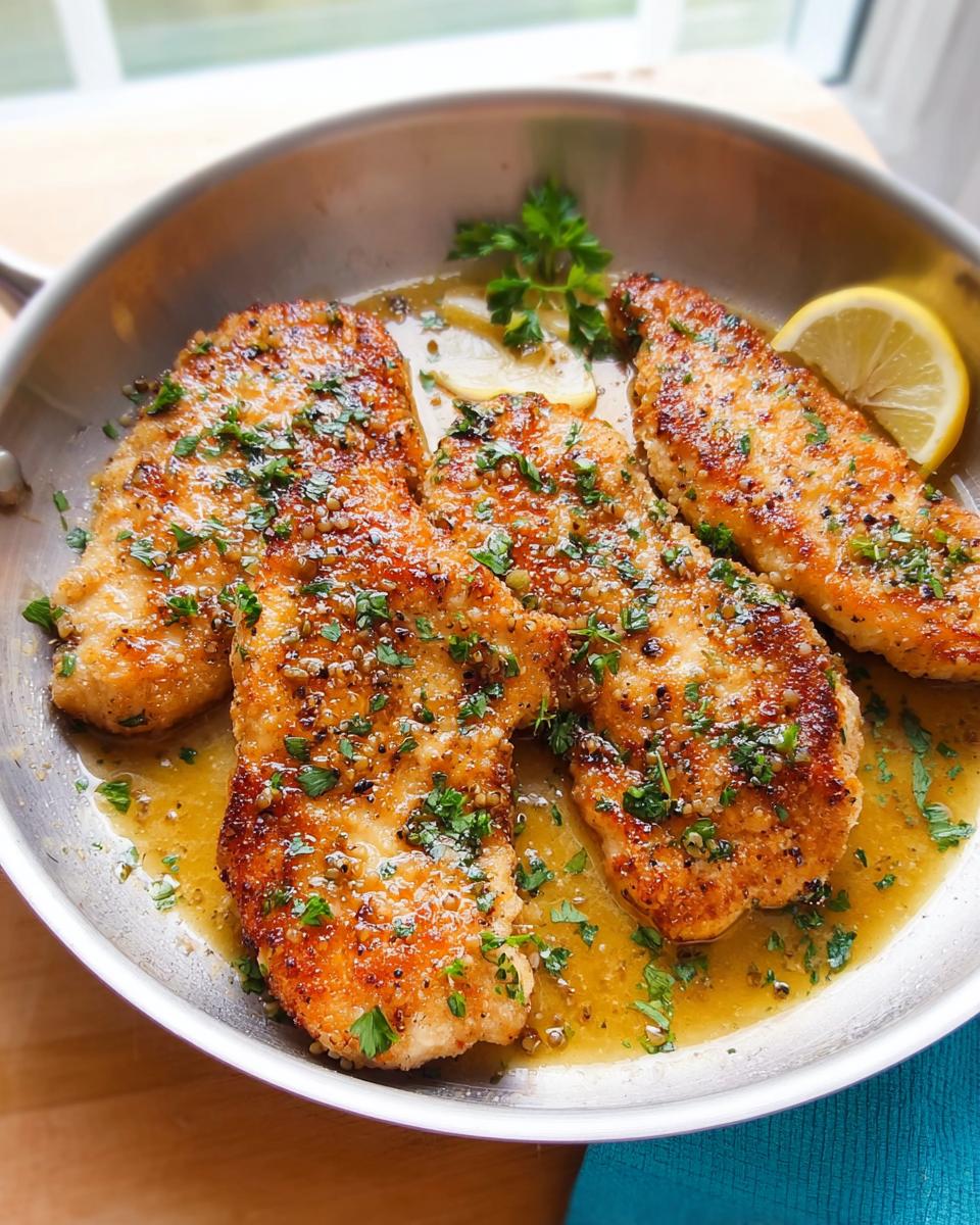 Golden pan-fried chicken cutlets in a lemon garlic sauce, garnished with parsley and lemon slices. A healthy meal idea.