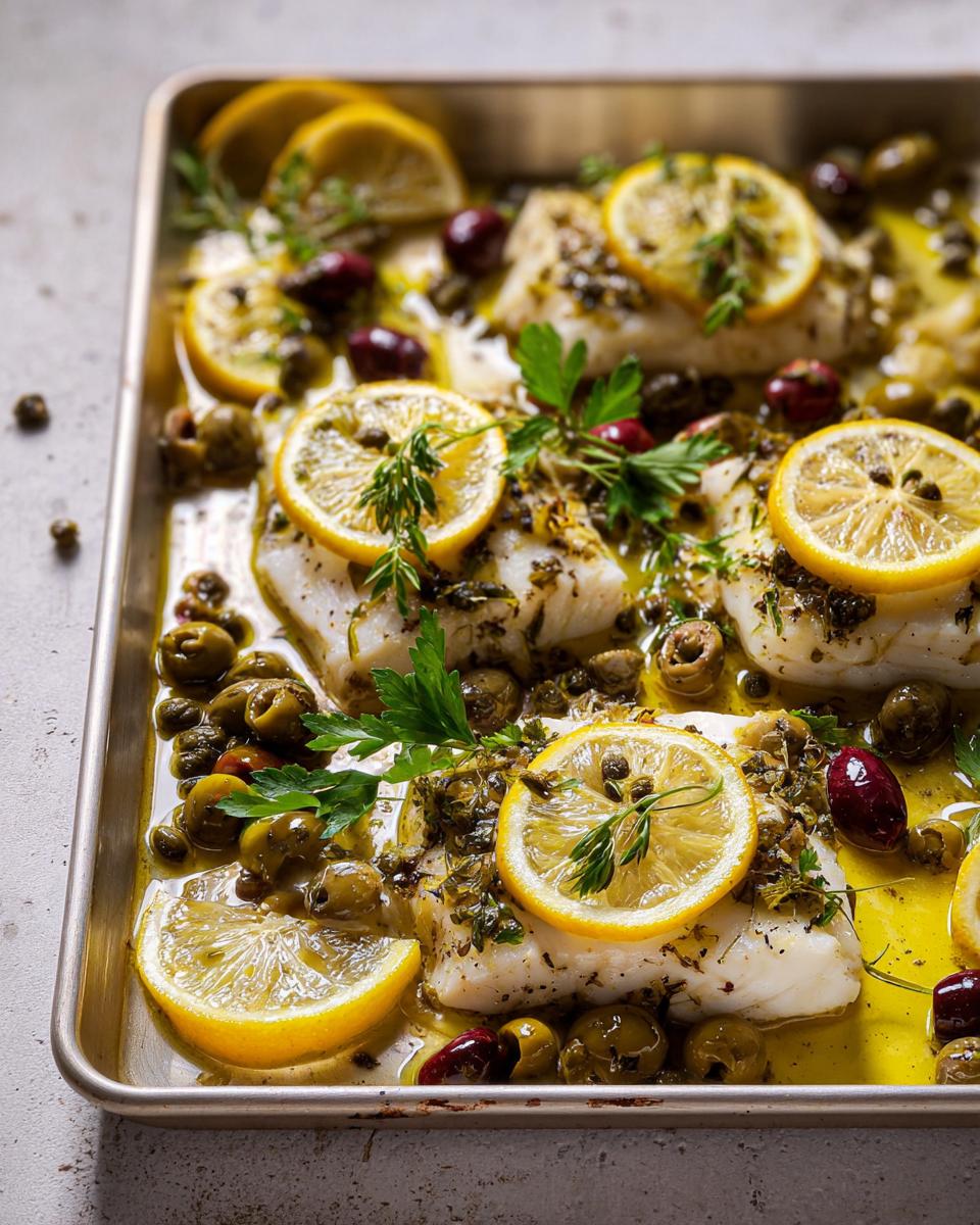 Close-up of baked white fish fillets topped with lemon slices, herbs, olives, and capers on a baking sheet.
