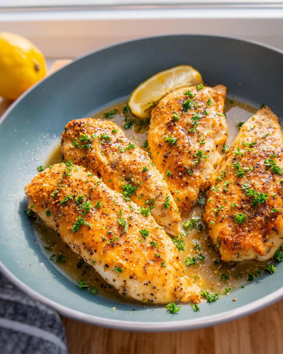 Four pan-seared lemon herb chicken breasts in a blue bowl, garnished with parsley and a lemon wedge. Part of 7 Genius Healthy Meals Recipes Ideas for Busy Weeknights.