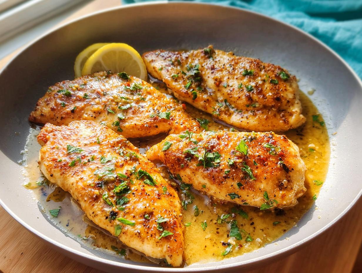 Four pan-seared lemon herb chicken breasts in a skillet with sauce and lemon slices, a perfect healthy meal.