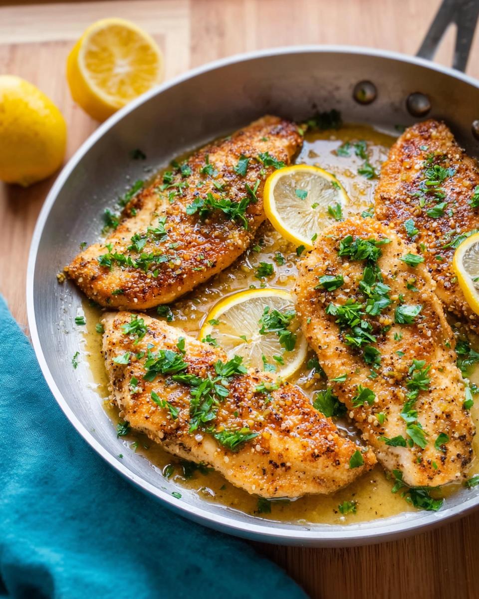 Pan-seared lemon herb chicken breasts in a skillet with lemon slices and fresh parsley, a healthy meal idea.