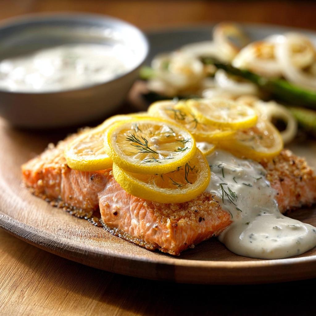 A delicious salmon fillet topped with lemon slices and fresh dill, served with a creamy sauce and side vegetables. A perfect salmon recipe for busy weeknights.