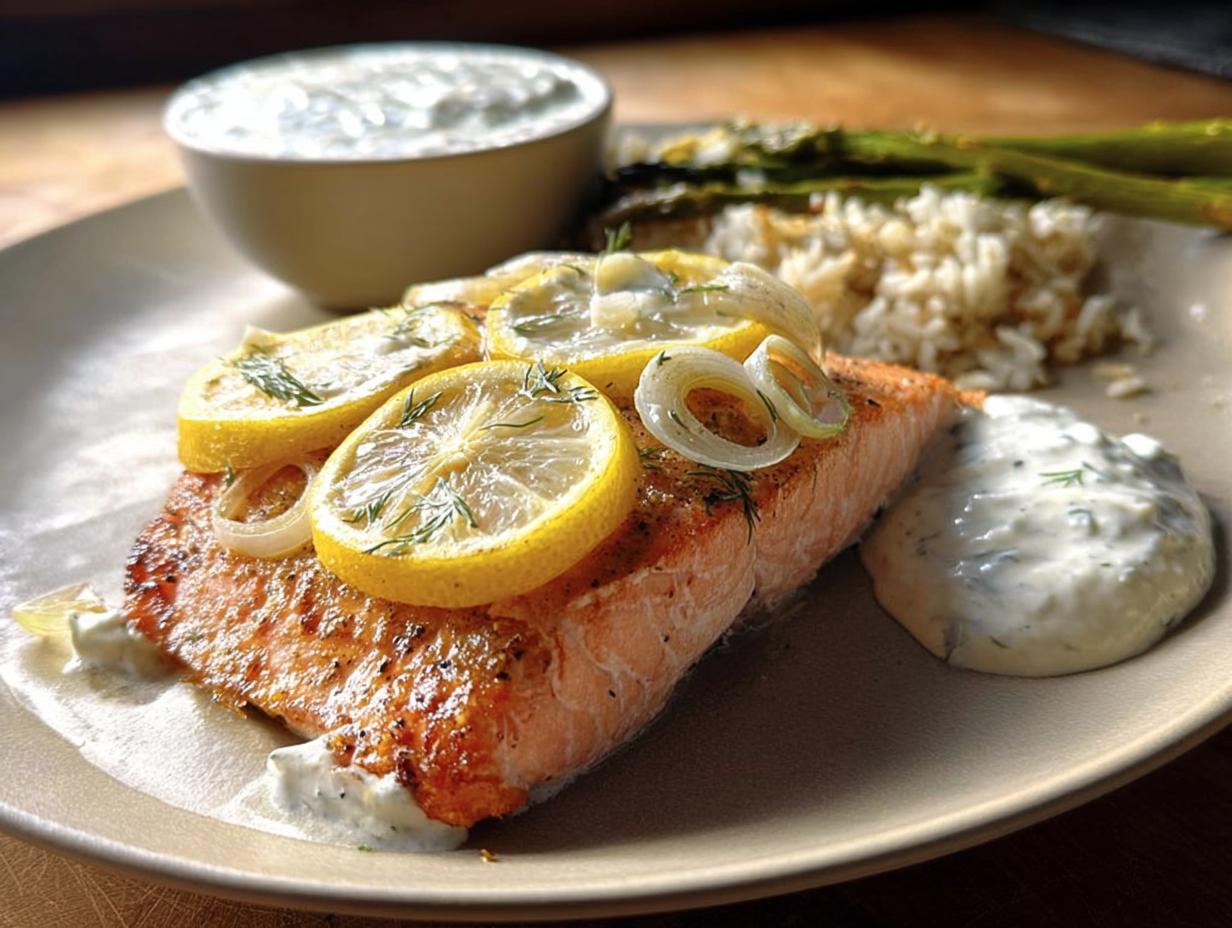 A perfectly cooked salmon fillet topped with lemon slices and herbs, served with rice and asparagus.