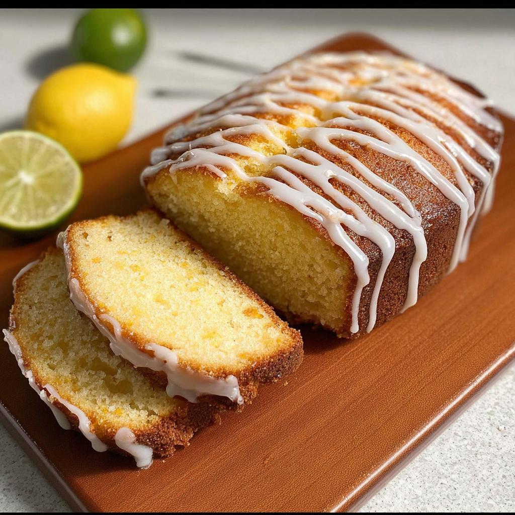 A delicious lemon lime cake with white icing drizzled on top, sliced to show the moist crumb.