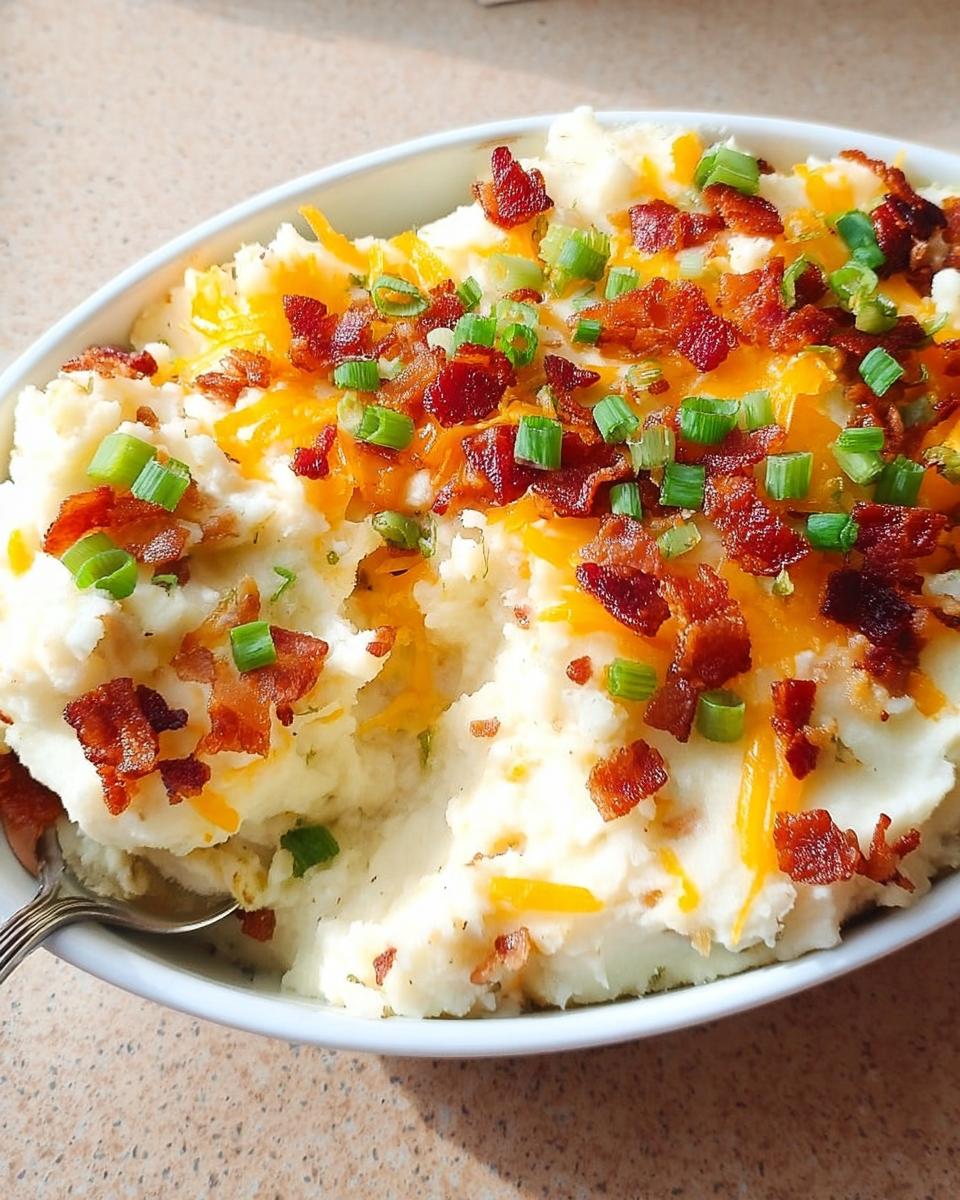 A bowl of creamy mashed potatoes topped with shredded cheddar cheese, crispy bacon bits, and chopped green onions.