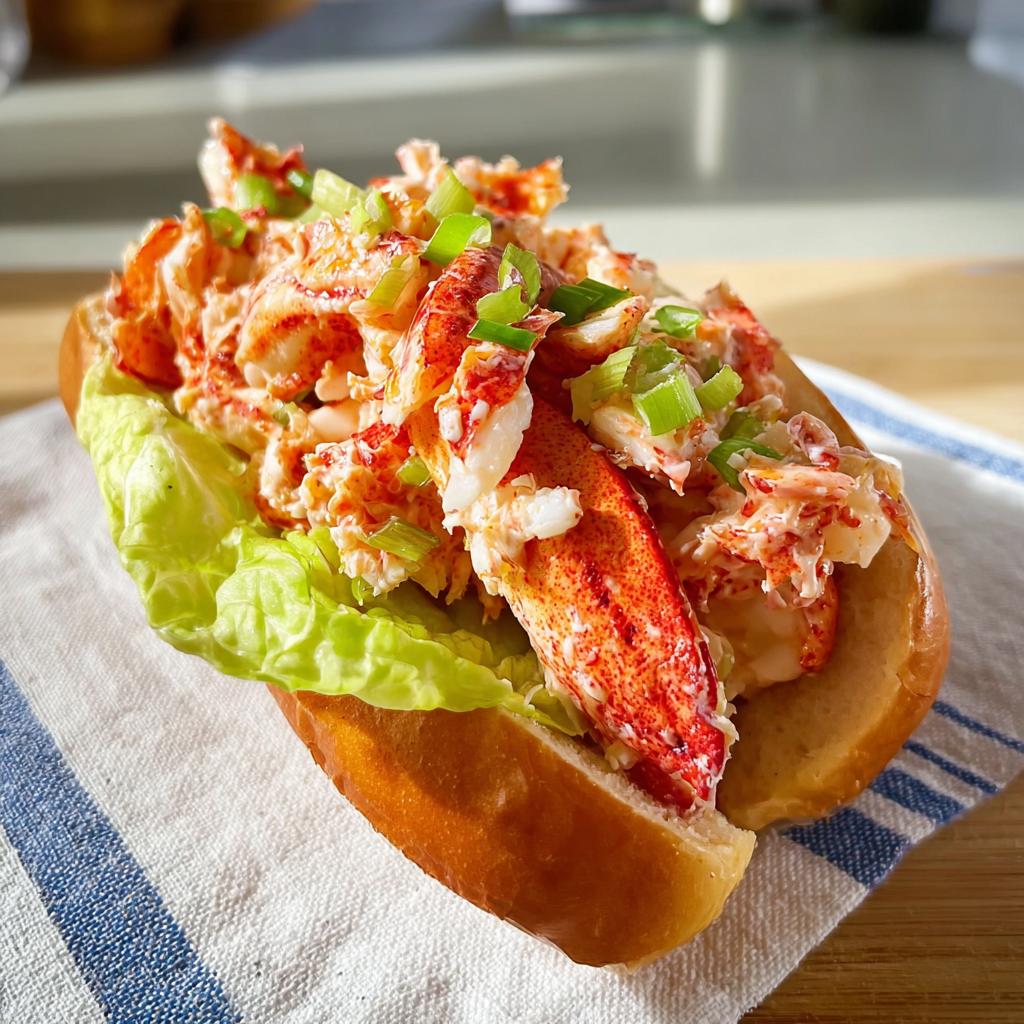 Close-up of a delicious lobster roll sandwich, filled with fresh lobster meat, lettuce, and green onions.
